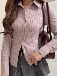 性感露脐衬衫，长袖纽扣条纹可爱优雅休闲女式上衣，春夏假日/情人节粉色 - 粉色 - 查看 2