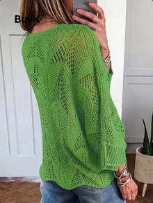 BuyK [Top] Women's Casual Sweater, Solid Color, 3/4 Sleeve Boat Neck, Off Shoulder, Regular Fit, Suitable For Daily Wear And Vacation, With Hollow-Out Design, Suitable For Spring And Summer - Green - View 2