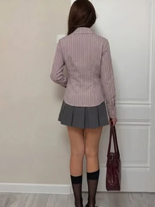 性感露脐衬衫，长袖纽扣条纹可爱优雅休闲女式上衣，春夏假日/情人节粉色 - 粉色 - 查看 4