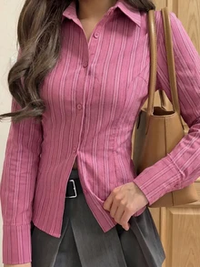 Sexy Cropped Shirt, Button Up Long Sleeve Striped Cute & Elegant Casual Blouse/Top For Women, Spring/Summer Holiday/Valentine's Day Red - Red - View 2