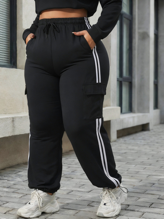 Pantalones de chándal de talla grande para mujer con cintura alta y bolsillos, pantalones cargo sueltos con raya lateral, dobladillo con cordón y pierna recta, adecuados para correr, fitness, yoga