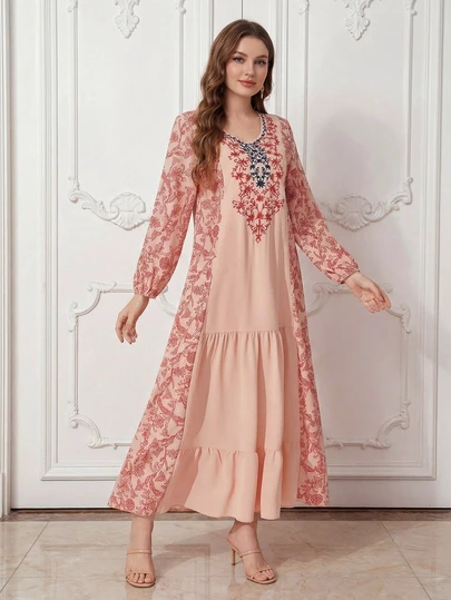 Vestido de manga larga con estampado floral, patchwork y bordado, de estilo tradicional y romántico del Medio Oriente, elegante y apropiado para festivales, primavera/otoño