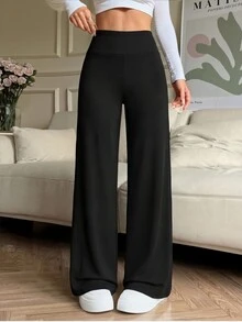 Casual Solid Color High Waist Elastic Straight Pants Black Spring - Black - View 1