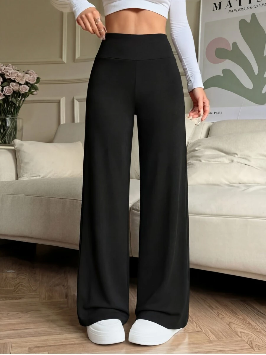 Casual Solid Color High Waist Elastic Straight Pants Black Spring - Black - View 1