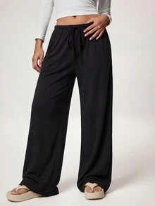 Quần ống rộng màu đen dành cho nữ, thích hợp cho mùa tựu trường, quần thể thao mùa thu. - màu đen - Xem 2