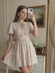 Women's Casual Outing French Ruffle Sleeve Spring Ditsy Floral Midi Dress - Multicolor - View 1