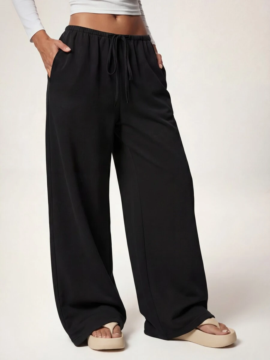 Quần ống rộng màu đen dành cho nữ, thích hợp cho mùa tựu trường, quần thể thao mùa thu. - màu đen - Xem 1