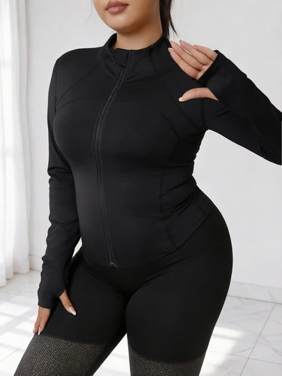 大码女式纯色长袖拉链运动夹克，带拇指孔，修身瑜伽健身运动上衣，户外徒步慢跑运动服