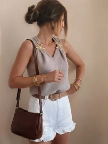 MORI Solid Color V-Neck Sleeveless Knit Sweater For Women, Spring/Summer New Fashion Design With Starfish Decor, Elegant Minimalist Pullover Vest, Versatile Casual Comfortable Commuting School Style Top - Rusty Rose - View 1