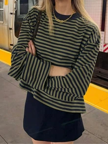 Women's Loose Casual Striped Long Sleeve Top - Multicolor - View 2