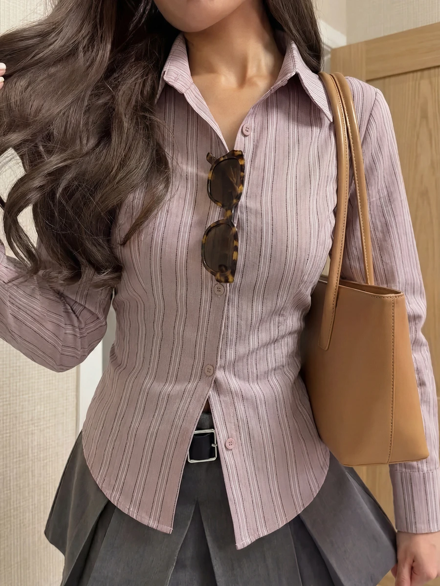 性感露脐衬衫,长袖纽扣条纹可爱优雅休闲女式上衣,春夏假日/情人节粉色 - 粉色 - 查看 1