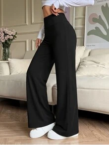 Casual Solid Color High Waist Elastic Straight Pants Black Spring - Black - View 2