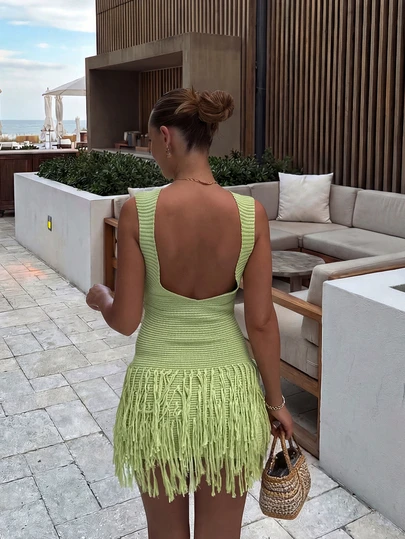 Summer Women's Elegant Vintage Green Fringe Knit Dress Round-Neck Sleeveless Tank Dress Perfect For Holiday Dates, Afternoon Tea, Wedding Season, Beach Strolls, City Road Trips, Bohemian Getaways, Music Festivals, And Parties