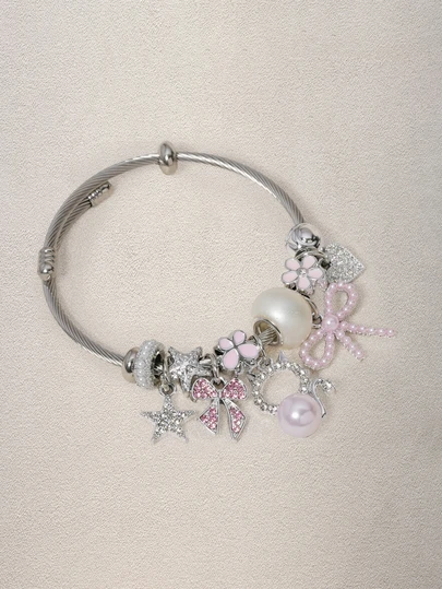 Hatastic 1pc Women's Elegant Pink Crystal Faux Pearl Pendant Cat Bow Beaded Bracelet, Cherry, Crown, Suitable For Women's Party Accessories, Gifts, Mother's Day, Halloween, Christmas, Valentine's Day, Holiday Gift
