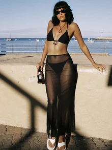 Set de 3 piezas Traje de baño elegante y sexy con espalda descubierta, adecuado para vacaciones en la playa en todas las estaciones - Negro - Ver 2