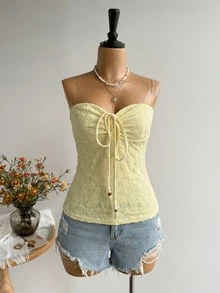 Summer Holiday Solid Color Backless Beach Vacation Top, 1 Top 2 Ways - Yellow - View 4