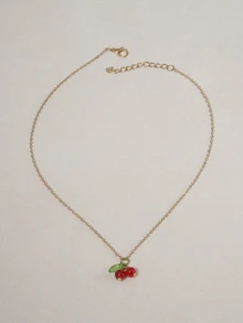 Hatastic 1pc Cherry & Green Leaf Pendant Necklace, Cute & Sweet Design For Everyday Wear, Women Jewelry - Multicolor - View 2