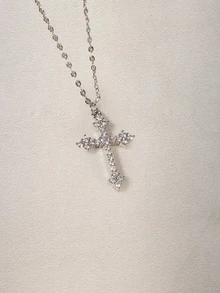 Hatastic Collana con pendente a croce in zirconia cubica, per festival musicali - Argento - Visualizzare 3