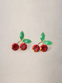 Hatastic 1pair Rhinestone Decor Cherry Design Stud Earrings - Multicolor - View 1