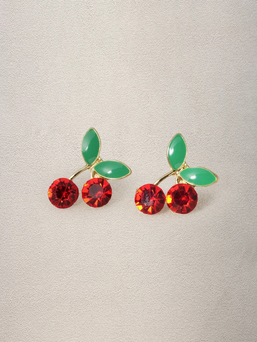 Hatastic 1pair Rhinestone Decor Cherry Design Stud Earrings - Multicolor - View 1