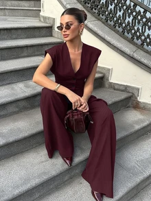 Women's Fashionable And Elegant 2-Piece Outfit, Sleeveless V-Neck Striped Blazer Top And Pleated Wide-Leg Pants Set, Summer Vacation - Burgundy - View 3
