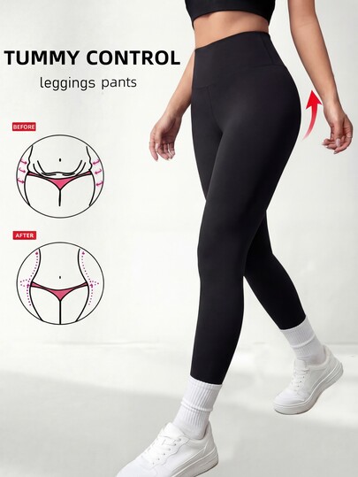 Women's Black High Elastic Waist Abdomen Shaping Slim Fit 7/8 Leggings