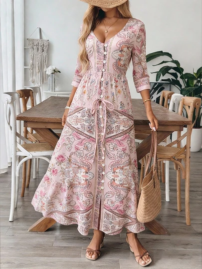 فستان ماكسي بياقة على شكل حرف V مزخرف بزهور صغيرة، فستان طويل للنساء بطراز أوروبي وأمريكي مع حافة مفرقعة وأكمام متوسطة الطول، فستان شيفون طويل جديد للصيف مع تنسيق الخصر