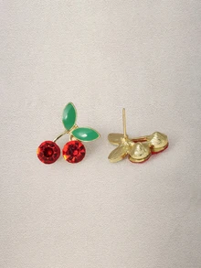 Hatastic 1pair Rhinestone Decor Cherry Design Stud Earrings - Multicolor - View 2