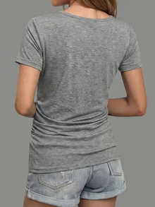 Women's Casual Short Sleeve V-Neck T-Shirt - Loose Fit Solid Color Gray Top, Machine Washable, Versatile For All Seasons, Daily Wear, Pleated Design, Comfortable Summer - Grey - View 2