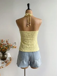 Summer Holiday Solid Color Backless Beach Vacation Top, 1 Top 2 Ways - Yellow - View 7