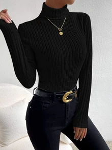 Women's Casual High Neck Solid Color Long Sleeve Brushed Ribbed Knit T-Shirt, Autumn/Winter Black - Black - View 4