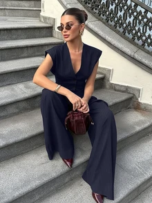 Women's Fashionable And Elegant 2-Piece Outfit, Sleeveless V-Neck Striped Blazer Top And Pleated Wide-Leg Pants Set, Summer Vacation - Navy Blue - View 3