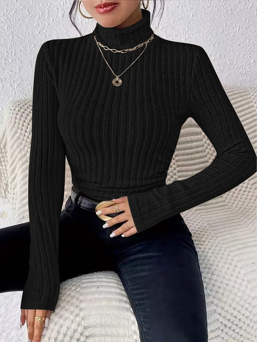 Women's Casual High Neck Solid Color Long Sleeve Brushed Ribbed Knit T-Shirt, Autumn/Winter Black
