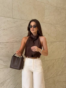 Women's Elegant Sleeveless Backless Camisole Top, Summer - Coffee Brown - View 1