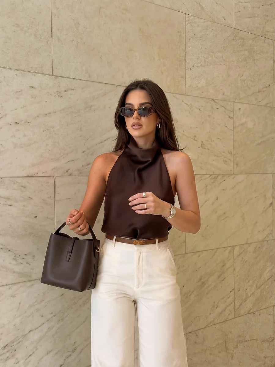 Women's Elegant Sleeveless Backless Camisole Top, Summer - Coffee Brown - View 1