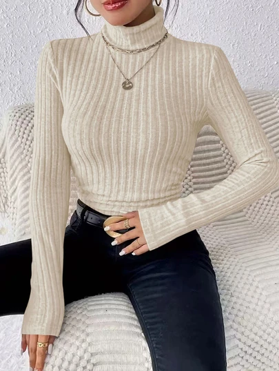 大码女式高领纯色休闲罗纹针织长袖 T 恤