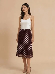 女士波点A字裙，百搭，春夏款 - 紅木色 - 查看 1