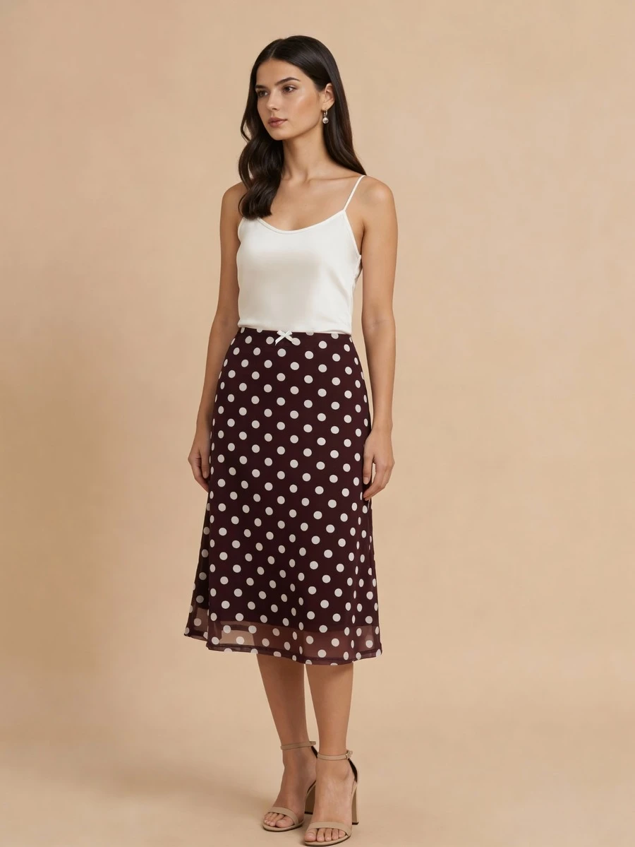 女士波点A字裙，百搭，春夏款 - 紅木色 - 查看 1