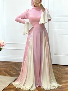 女士纯色雪纺腰部荷叶边下摆优雅袖阿拉伯风格连衣裙 - 粉色 - 查看 1