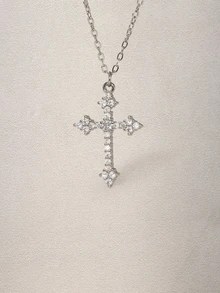 Hatastic Collana con pendente a croce in zirconia cubica, per festival musicali - Argento - Visualizzare 2