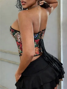 Apperloth A Top corto con estampado floral dorado vintage para mujer, con aros, bajo curvo, cierre con lazo, prenda moldeadora tipo bandeau para fiestas, atuendo de discoteca, disfraz de Halloween - Flor - Ver 5