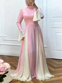 女士纯色雪纺腰部荷叶边下摆优雅袖阿拉伯风格连衣裙 - 粉色 - 查看 2