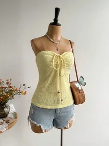 Summer Holiday Solid Color Backless Beach Vacation Top, 1 Top 2 Ways - Yellow - View 5