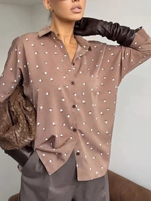 女士郁金香印花衬衫，宽松垂坠缎面七分袖，休闲高端通勤上衣 - 咖啡棕 - 查看 2