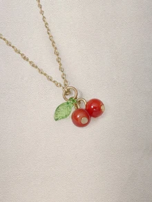Hatastic 1pc Cherry & Green Leaf Pendant Necklace, Cute & Sweet Design For Everyday Wear, Women Jewelry - Multicolor - View 4
