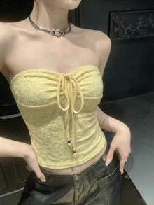 Summer Holiday Solid Color Backless Beach Vacation Top, 1 Top 2 Ways - Yellow - View 3