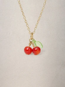 Hatastic 1pc Cherry & Green Leaf Pendant Necklace, Cute & Sweet Design For Everyday Wear, Women Jewelry - Multicolor - View 1