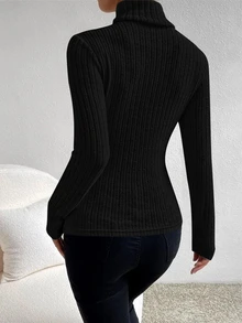 Women's Casual High Neck Solid Color Long Sleeve Brushed Ribbed Knit T-Shirt, Autumn/Winter Black - Black - View 3