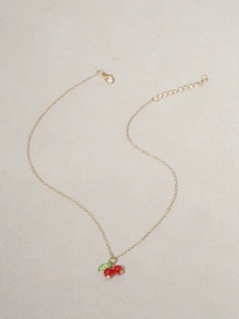 Hatastic 1pc Cherry & Green Leaf Pendant Necklace, Cute & Sweet Design For Everyday Wear, Women Jewelry - Multicolor - View 5