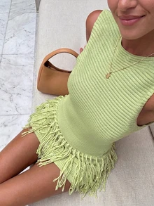 女士优雅复古绿色流苏针织无袖连衣裙，适合度假、约会、下午茶、婚礼、海滩、城市旅行、波西米亚音乐节、夏季派对等场合。 - 綠色 - 查看 4